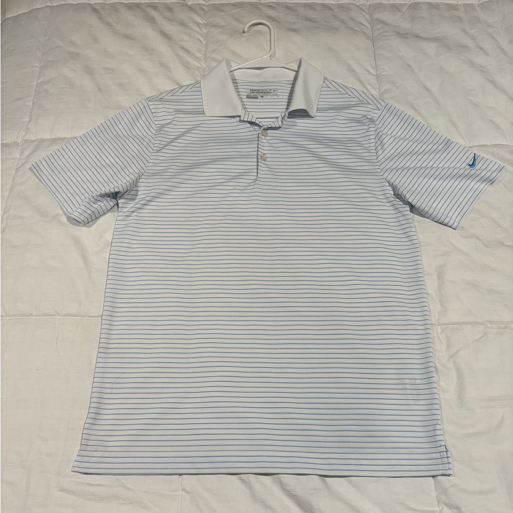 Nike Men's White and Blue Striped Golf Shirt